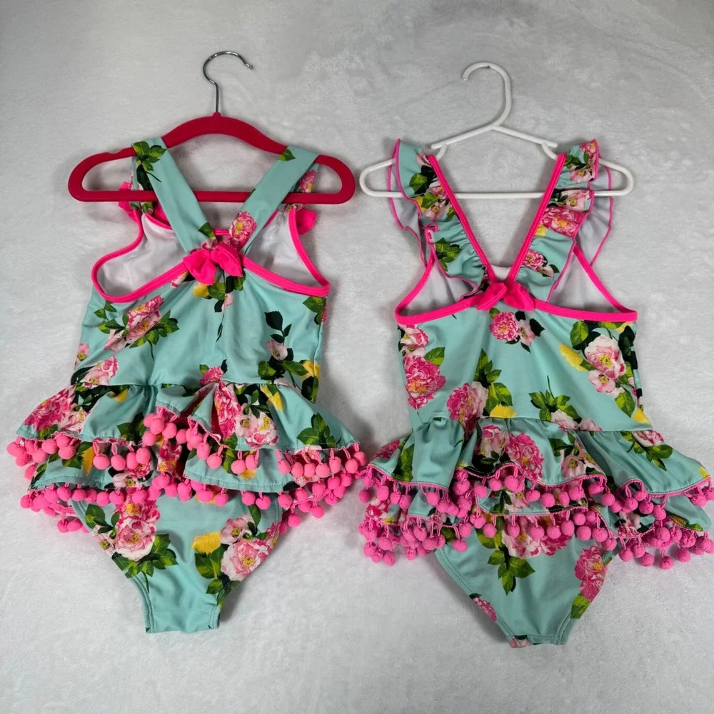 Betsey Johnson Swimsuit Girls 6X Lot of 2 Pink Floral Pom‎ Pom Ruffle Swimwear